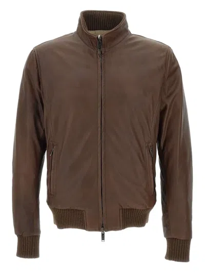 Volfagli Ribbed-cuff Leather Jacket In Brown