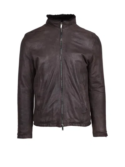 Volfagli Smooth Leather Brown Jacket With High Collar And Zip Closure In Black