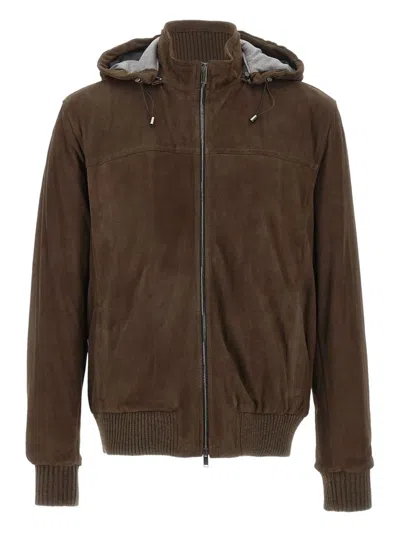 Volfagli Suede Hooded Jacket In Brown