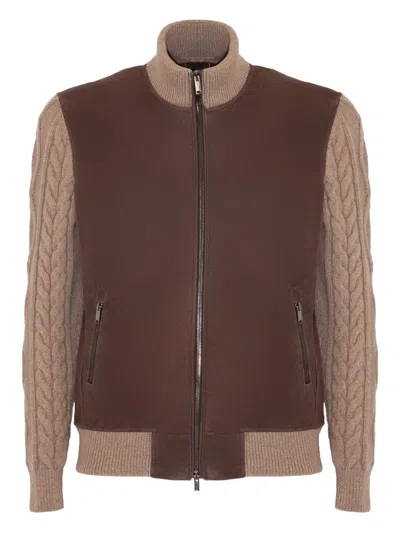 Volfagli Suede Knitted-sleeve Jacket In Brown