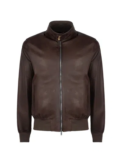 Volfagli Zip-up Lambskin Bomber Jacket In Brown
