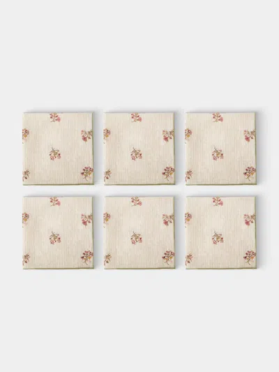 Volga Linen Scarlet Flax & Field Posy Pinstripe Overlock-stitch Napkins (set Of 6)