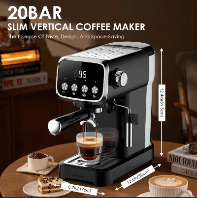 Voltzze 20bar American Coffee Maker With Built-in Cup Thermometer, Milk Frother, 1350w,1.3l Water Tank, 51mm