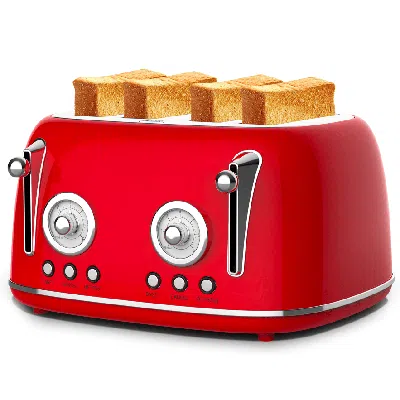 Voltzze 4-piece Vintage-style Toaster With Red Dual-control Oven, 4×1.5-inch Slots, Anti-clogging Design, 6-