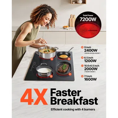 Voltzze Built In Electric Stove Top, 30.3 X 20.5 Inch 4 Burners, 240v Glass Radiant Cooktop With Sensor Touc