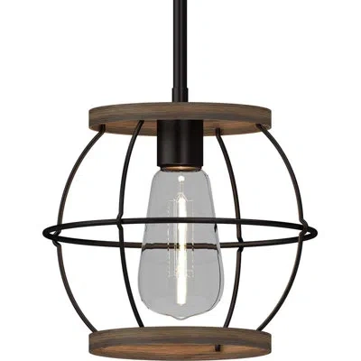 Volume Lighting 1-light Black & Wood Grain Caged Mini Pendant Light