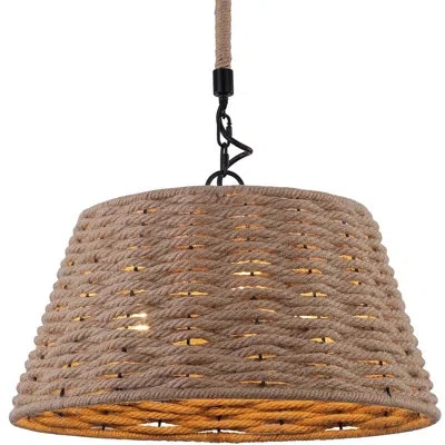 Volume Lighting 3-light Black Basket Island Pendant Light With Hemp Rope Shade In Black & Hemp Rope
