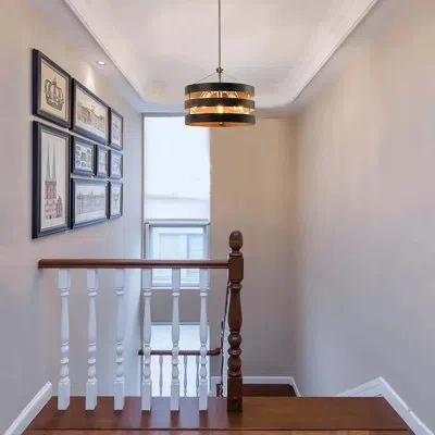 Volume Lighting 3-light Brushed Nickel And Walnut Striped Drum Pendant Light In Brushed Nickel & Wood Grain