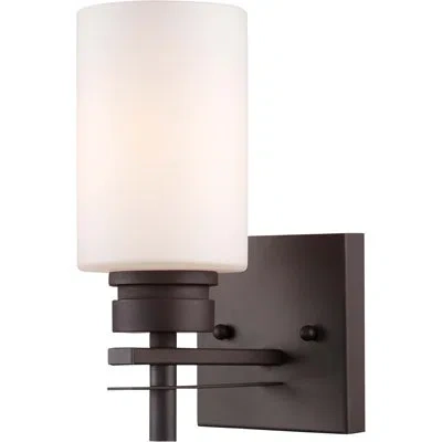 Volume Lighting Carena Antique Bronze Indoor Wall Sconce With Etched White Cased Glass Cylinder Shade In Antique Bronze;frosted