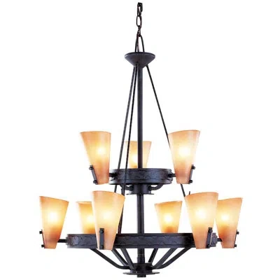 Volume Lighting Lodge 9 - Light Shaded Tiered Chandelier In Frontier Iron