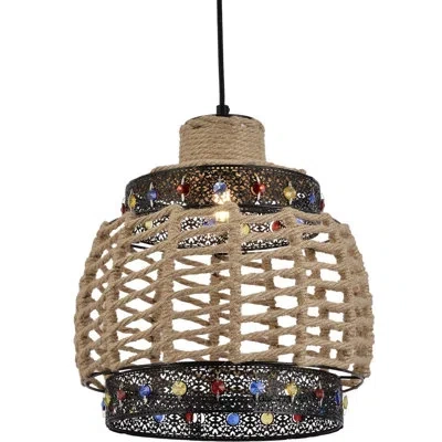 Volume Lighting Magan 1-light Black And Hemp Rope Basket Pendant With Colorful Glass Crystals In Black & Hemp Rope