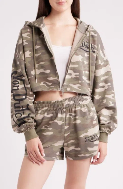 Von Dutch Camo Logo Cropped Full Zip Hoodie In Brown