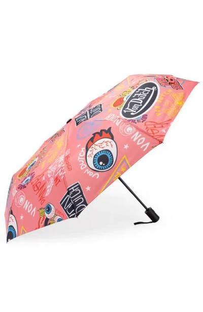 Von Dutch Compact Automatic Umbrella, Strong & Portable In Pink