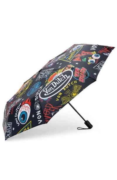 Von Dutch Compact Automatic Umbrella, Strong & Portable In Black