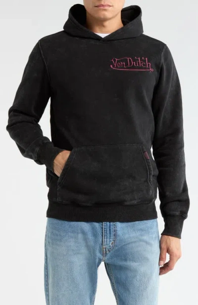 Von Dutch Embroidered Mineral Wash Fleece Graphic Hoodie In Black