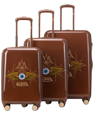 Von Dutch Eyeflight 3pc Expandable Hardside Spinner Luggage Set In Brown