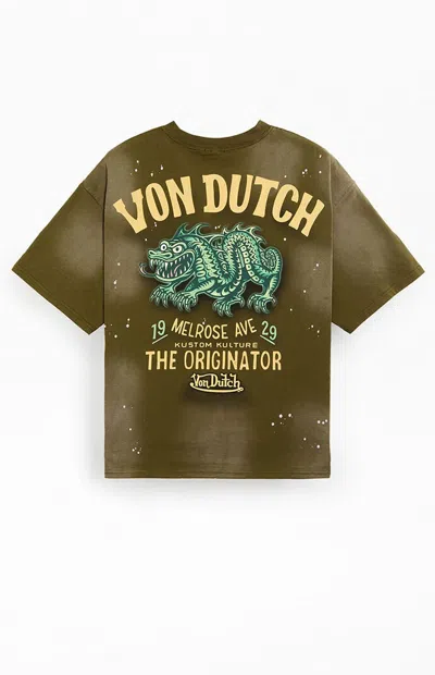 Von Dutch Men's Dragon Paint Splatter Oversized T-shirt In Olive In Brown
