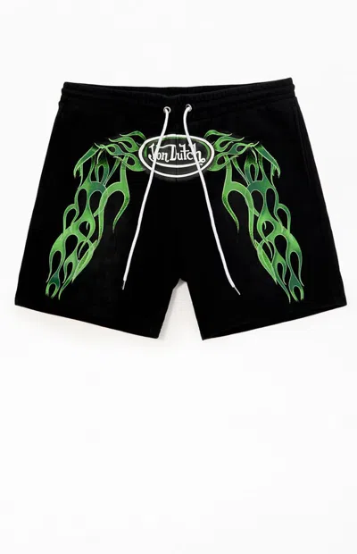 Von Dutch Men's Green Flame Fleece Sweat Shorts In Washed Black