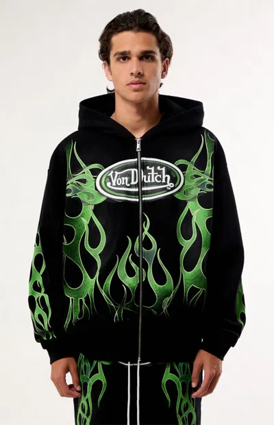 Von Dutch Men's Green Flame Zip Up Hoodie In Washed Black