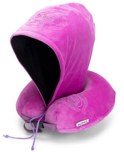 Von Dutch Pinstripe Hooded Memory Foam 11" Travel Neck Pillow In Purple