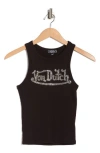 Von Dutch Rhinestone Ribbed Tank In Black