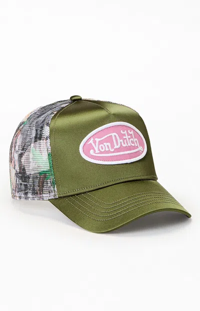 Von Dutch Satin Trucker Hat In Olive In Green