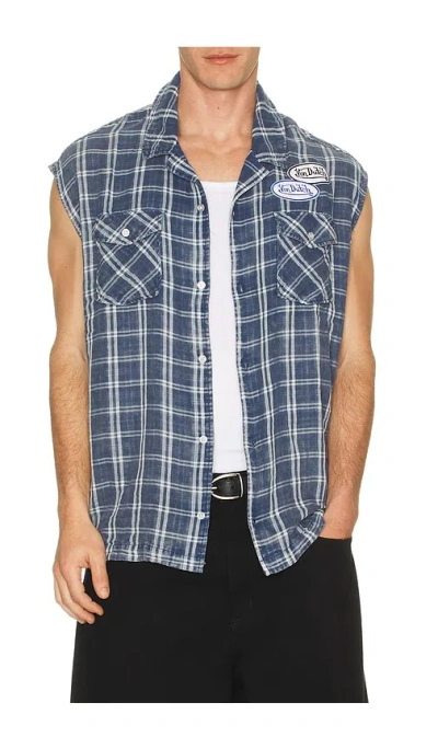 Von Dutch Sleeveless Flannel Button Down Shirt In Blue