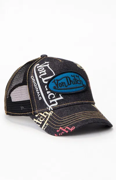 Von Dutch Tagged Trucker Hat In Denim In Black