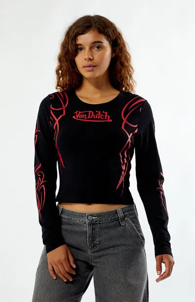 Von Dutch Women's Long Sleeve Crop Top In Black/red In Multi