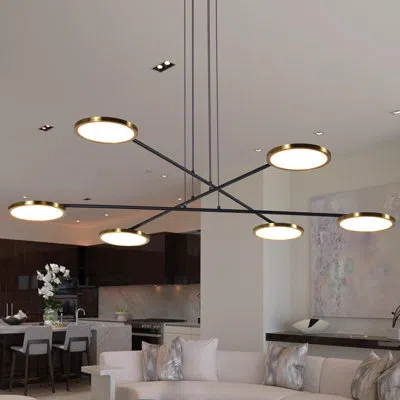 Vonn Lighting Torino 39-in Linear Pendant Height Adjustable Etl Certified Led Chandelier, 6 Rotating Led Disks In Matte Black;antique Brass