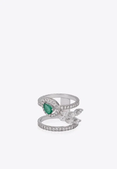 Vous Fine Jewelry Dual-band Ring In White Gold, Diamonds And Emerald In Green