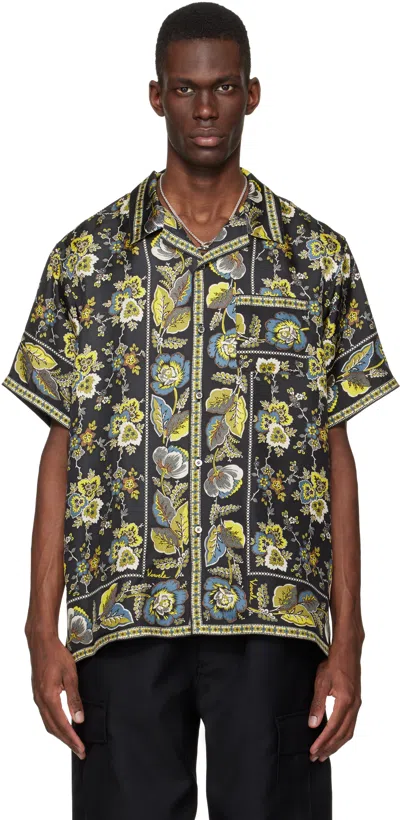 Vowels Black Short Sleeve Silk Scarf Shirt In Brown