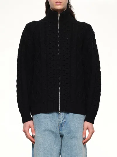 Vowels Cable-knit Zip-up Sweater In Black