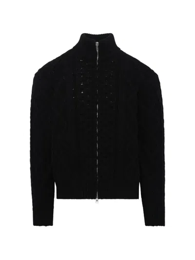 Vowels Cable-knit Zip-up Sweater In Black