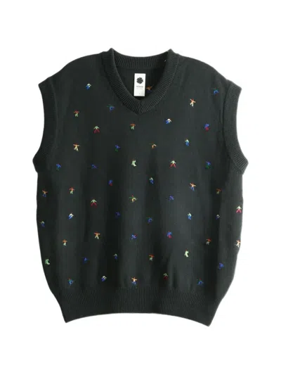Vowels Embroidered V-neck Vest In Black