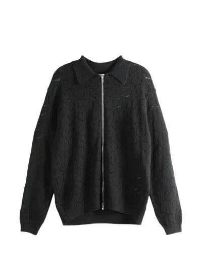 Vowels Eyelet Heart-motif Pointelle-knit Jacket In Black
