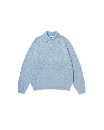 Vowels Eyelet Polo Sweater In Blue
