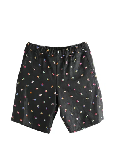 Vowels Floral-embroidered Shorts In Black