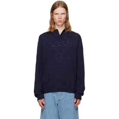 Vowels Navy Eyelet Polo In Blue