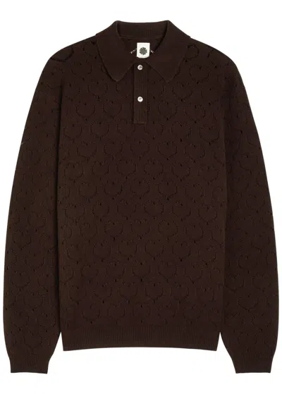 Vowels Pointelle-knit Wool Polo Jumper In Brown