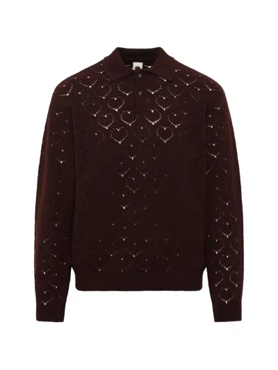 Vowels Pointelle-knit Wool Polo Shirt In Brown