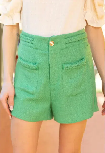 Voy Braid Waist Gold Button Tweed Short In Green