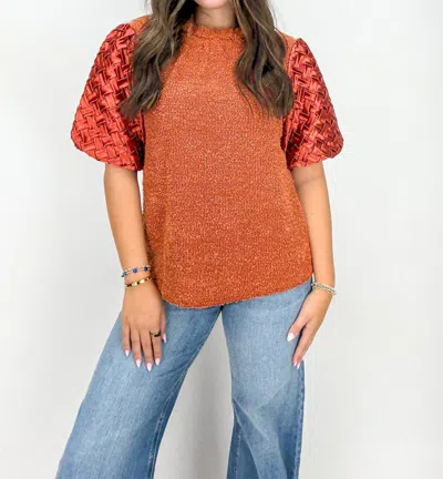 Voy Brynn Braid Neck Weave Pattern Sleeve Top In Rust In Multi