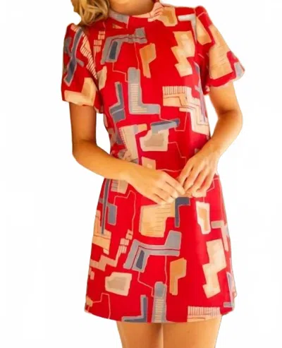 Voy Bubble Sleeve Tie Back Print Mini Shift Dress In Red