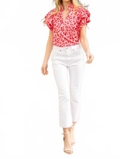 Voy Casey Puff Bubble Sleeve Top In Pink Leopard