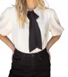 Voy Casually Sweet Ribbon Tie Bubble Sleeve Top In Ivory In Neutral