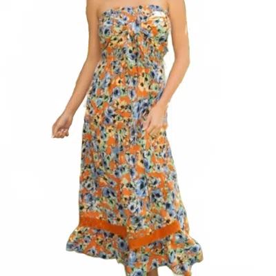 Voy Charlene Smocked Floral Maxi Dress In Orange In Red