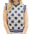 Voy Checkered Floral Top In Navy In Blue