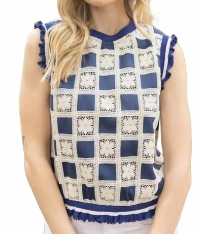 Voy Checkered Floral Top In Navy In Blue