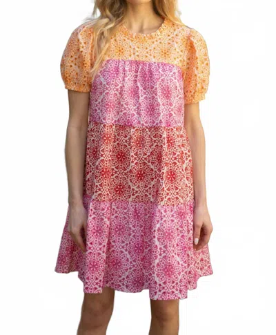 Voy Cheery Disposition Embroidered Color Block Tiered Dress In Yellow Multi In Pink